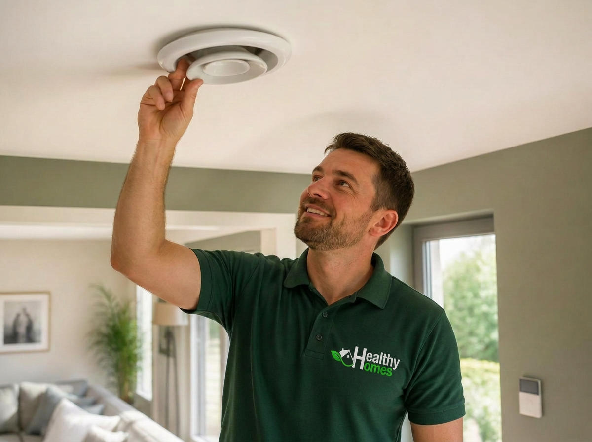 Healthy Homes Ventilation engineer inspecting a ceiling vent